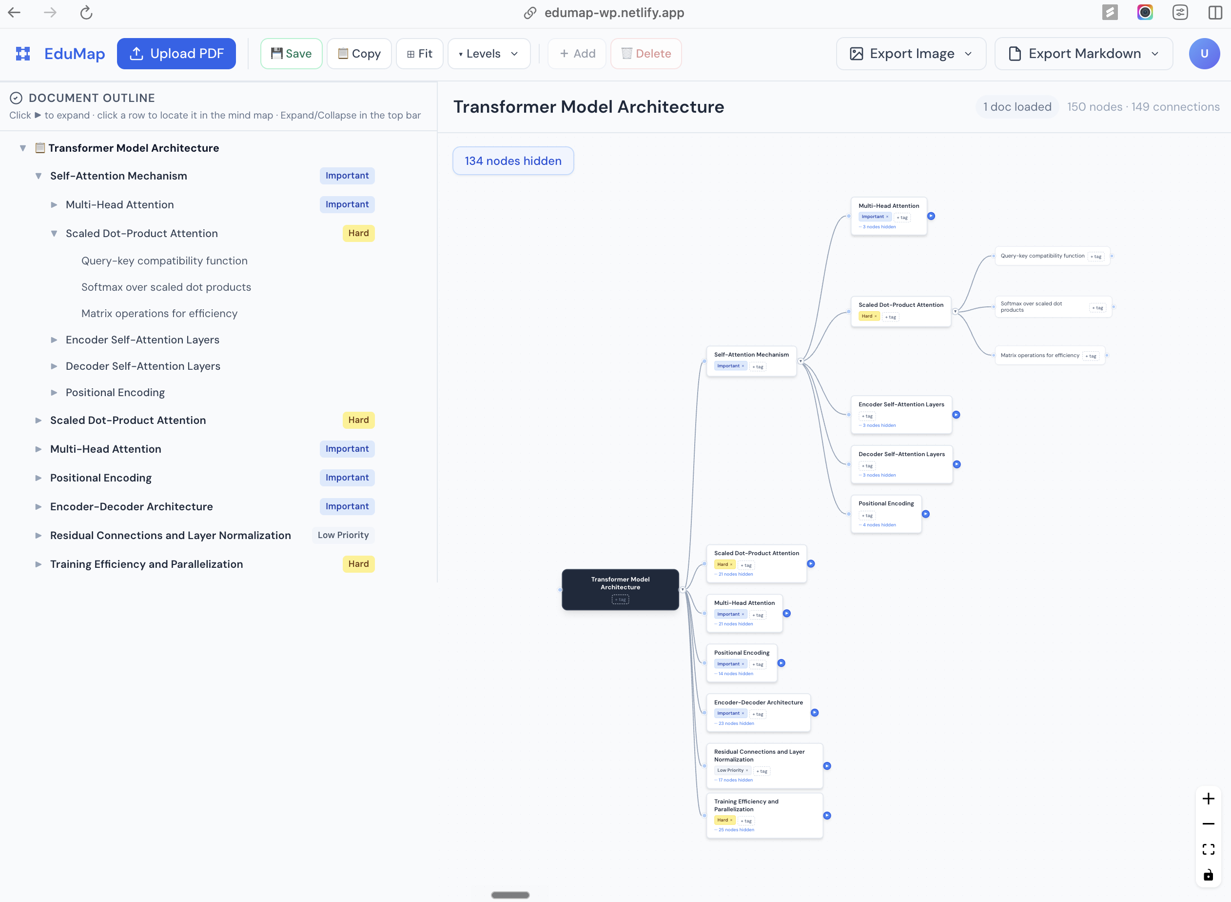 Screenshot of the EduMap web application showing the mind map and editor
